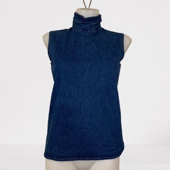 Vintage 90s 100% Cotton Denim Sleeveless Turtleneck Top Size S - Picture 1 of 5